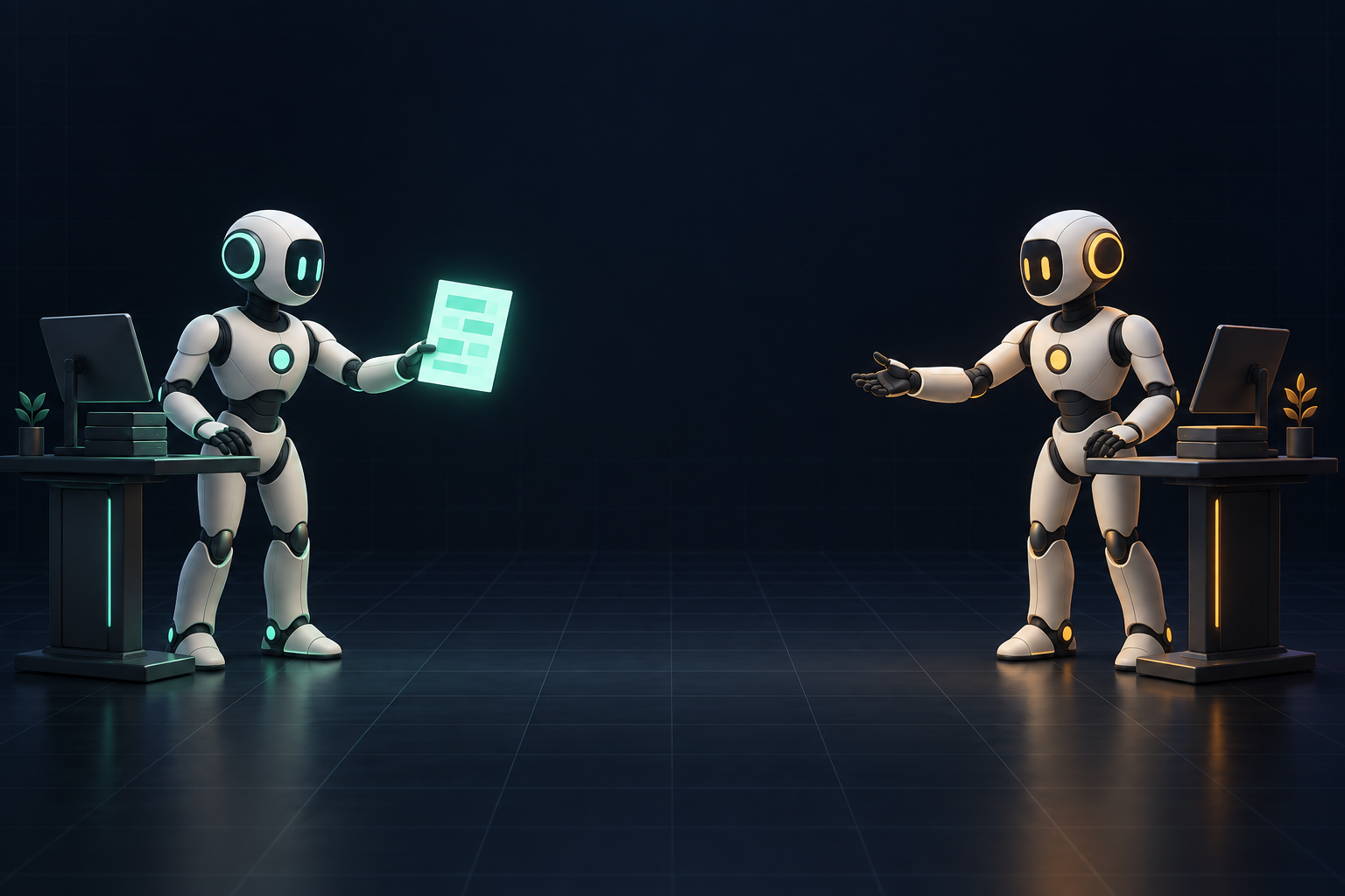 Illustration of a mint-accented sender agent passing a task document toward an amber-accented receiver agent.
